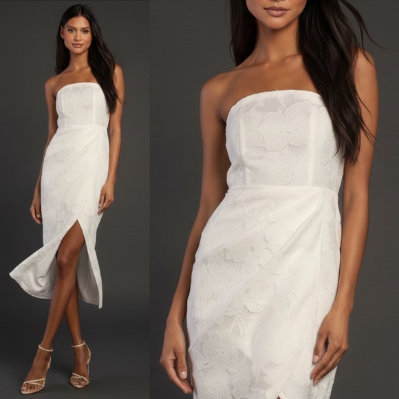 Lulus NWT Dreamy Vision Floral Burnout Jacquard Strapless Midi Dress Medium - Picture 2 of 14